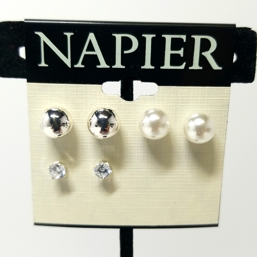 Napier Womens Faux Gemstone Pearl Set of 3 Bridesmaid Earrings Wife Gift